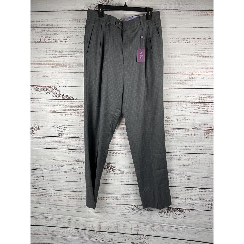 Aristo Pants Mens 34 Gray Light Grey Plaid Aberdeen Wool Dress Pleated Lined New